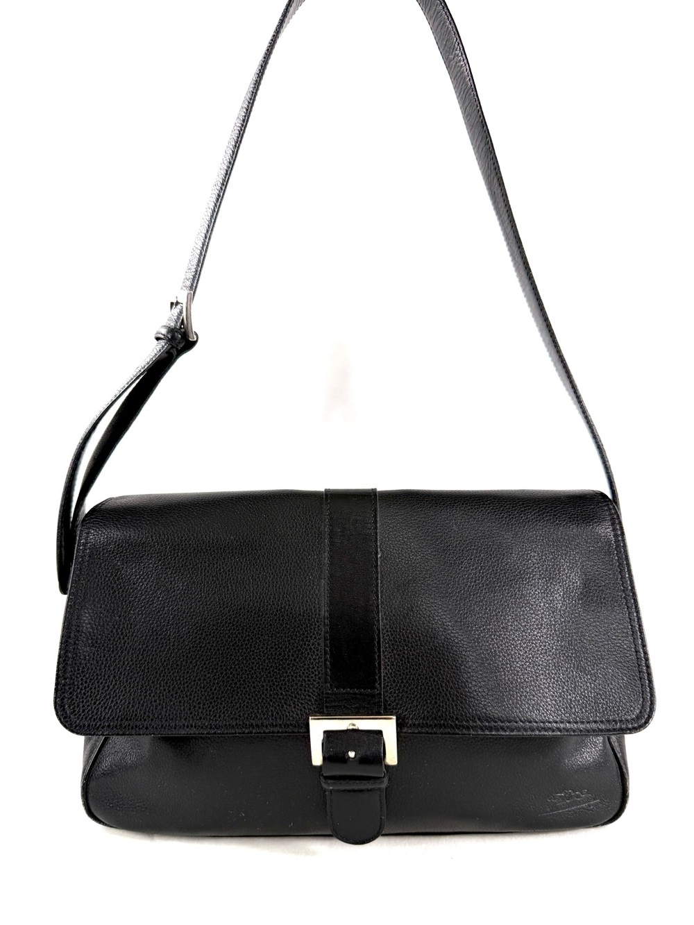 Longchamp Vintage Black Leather East West Medium Shoulder Bag Flap Buckle Rare